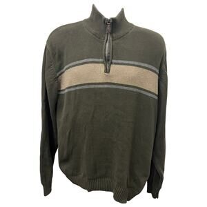 🌲 Oscar de la Renta Half Zip Sweater L – Olive Beige Stripe Preppy Classic Knit
